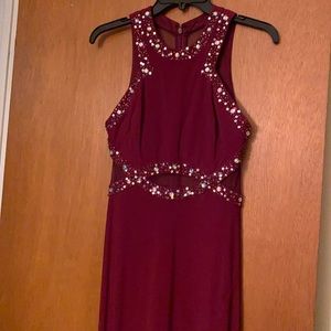 Burgundy mesh-back, cut outs and jewels, Side slit and slight train